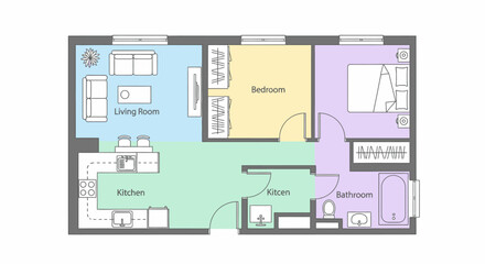 Fototapeta premium Colorful architectural floor plan of a small apartment layout with labeled rooms.