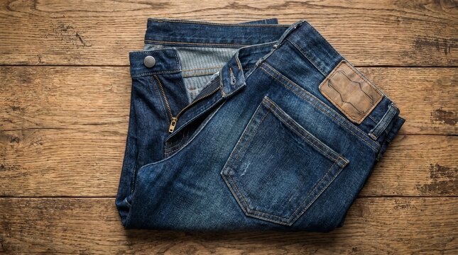 A pair of folded blue jeans with a mockup front and back view on a wooden surface, showcasing the denim fabric and stitching details.
