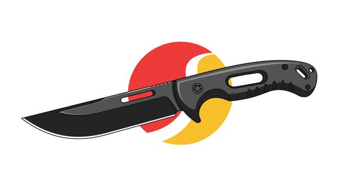 Tactical survival knife with a black serrated blade and handle set against a modern red and yellow circular graphic.
