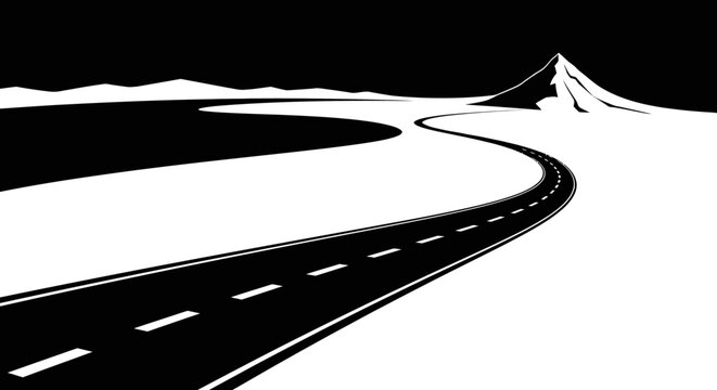 Winding mountain road leading into the distance, with sharp curves and peaks under a dark sky in a monochromatic landscape.