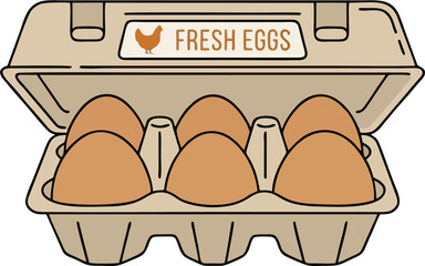 Fresh Eggs in Open Cardboard Carton Box with Chicken Label – Brown Eggs Packaging Vector Illustration © Amanda