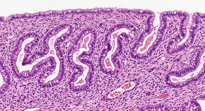 Endometrium secretory phase with coiled uterine glands histology