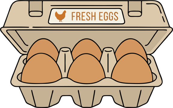 Fresh Eggs in Open Cardboard Carton Box with Chicken Label &ndash; Brown Eggs Packaging Vector Illustration