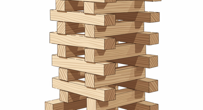 Towering structure of stacked wooden blocks