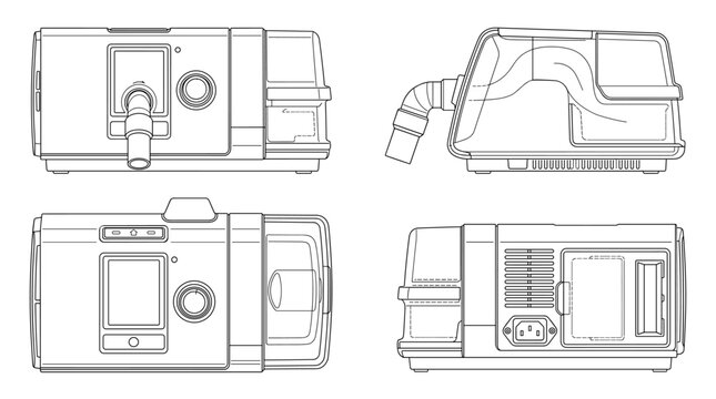BiPAP machine respiratory device technical drawing blueprint front side top and internal cross sectional views line art vector