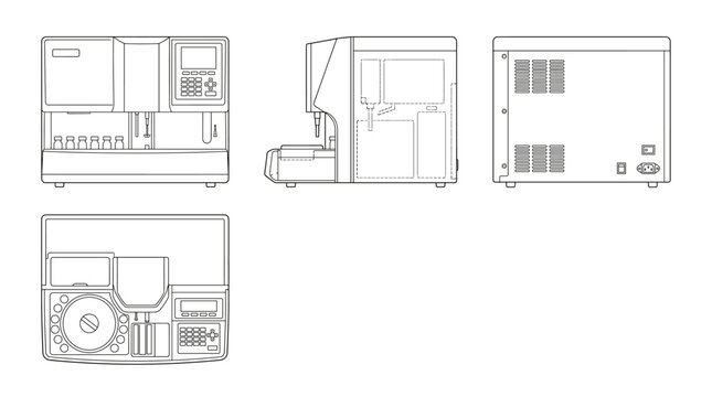 Blood analyzer laboratory device technical drawing blueprint front side top and internal cross sectional views line art vector