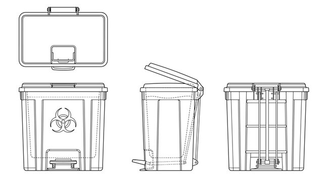 Biohazard bin medical waste container technical drawing blueprint front side top and internal cross sectional views line art vector