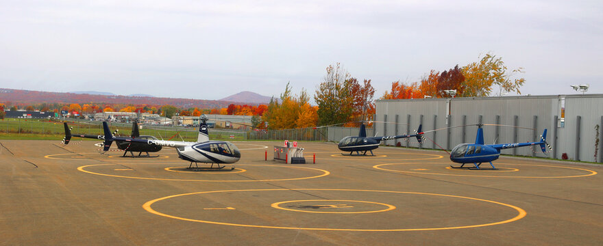 QUEBEC CITY CANADA: Complexe Capitale Helicoptere GoHelico's ultramodern helicopters and go over Quebec city