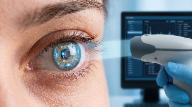 Person experiencing iris scanning for biometric identification and security
