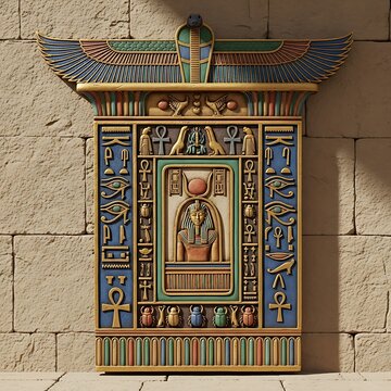 Ornate ancient Egyptian relief with deities and hieroglyphs