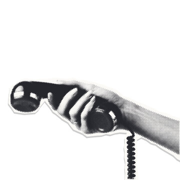 Retro isolated female hand holding phone receiver - halftone vector element for news and announcement.
