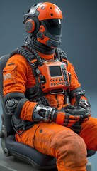 Fototapeta premium Robot heavy equipment operator in orange workwear using joystick controller