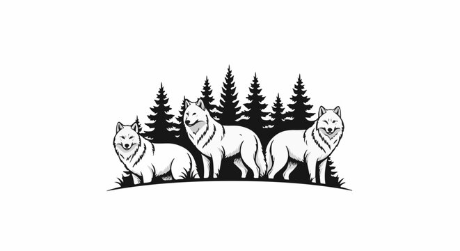 Three white wolves standing in a forest of pine trees