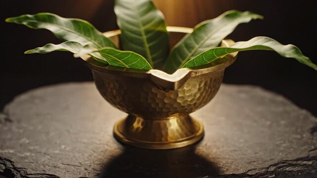 Close up of fresh green mango leaves arranged in a hammered golden bowl on a dark stone slate, natural lighting and dark background