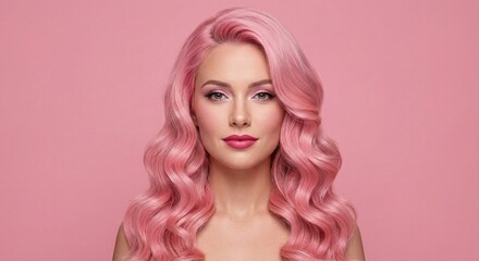 Fototapeta premium Beautiful woman with long wavy pink hair and matching makeup on a pink background. Professional creative hair coloring and beauty styling concept. Vibrant monochromatic fashion portrait for stock