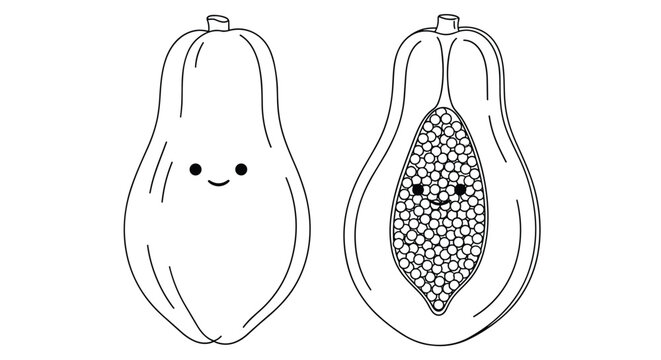 Two papayas with one whole fruit and one sliced open to reveal the small black seeds inside are shown in a cute and simple line art illustration.