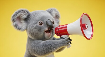 Fototapeta premium Koala holding a red megaphone speaking