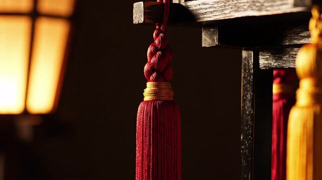 Close up of a deep red tassel with golden trim hanging, traditional decorative element, soft focus background with lantern light