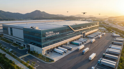 Obraz premium Global logistics hub managing drone and truck delivery