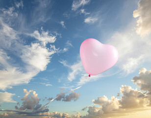 Obraz premium Pink Heart Balloon Floating in Bright Blue Sky