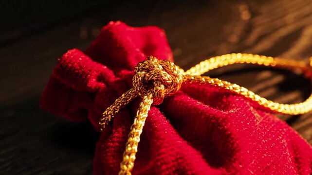 Close-up of a small red velvet drawstring pouch tied with a golden cord, on a dark textured surface, conveying luxury and surprise