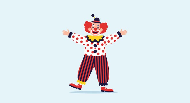 Cheerful clown character wearing a polka dot costume and striped pants smiles with open arms against a soft blue background for circus fun.