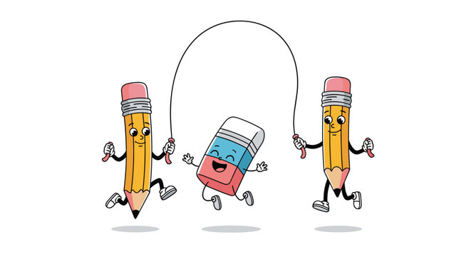 Animated pencils and a blue eraser play together by jumping over a skipping rope in a fun educational cartoon scene for school supplies.