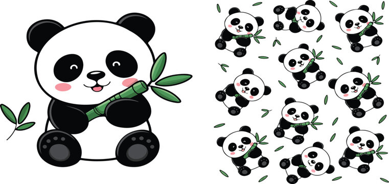 Kawaii panda vector illustration with bamboo branch seamless pattern for nursery decor kids printing and textile applications