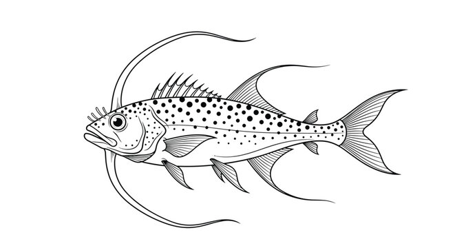 Exotic spotted fish with long flowing dorsal and ventral fins is illustrated in a detailed black and white line art style for nature projects.
