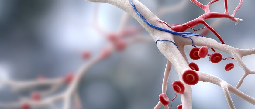 Medical illustration showing a cross section of a human heart with arteries and vascular components on a smooth gradient background