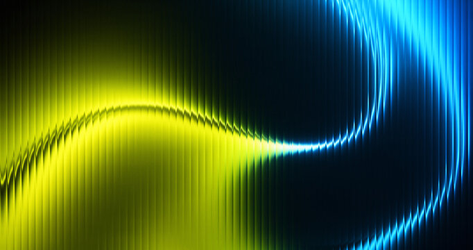 Futuristic neon blue and yellow liquid wave texture with glossy reeded lines for technology presentation wallpaper