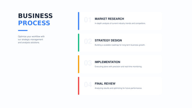Business process infographic template with colorful steps and phases for workflow and strategy planning