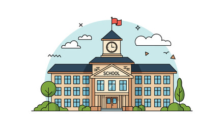 Naklejka premium Large brick school building with three stories a clock tower and a red flag on top is surrounded by trees and clouds in a peaceful scene.
