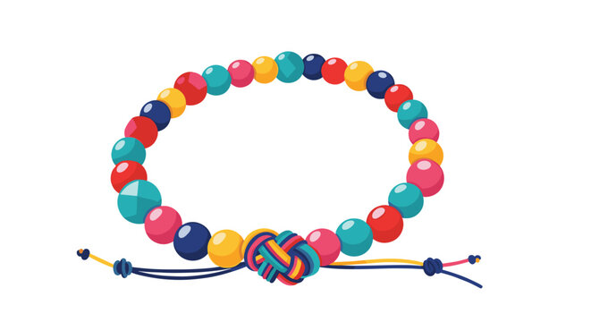Vibrant beaded bracelet made of colorful round spheres in red blue yellow and pink is secured with an intricate woven string knot.