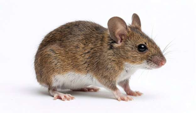 A detailed close-up of a small, cute brown mouse against a white background. Suitable for content featuring rodents, laboratory research, or pets.