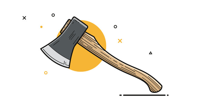 Sharp steel axe with a curved wooden handle is set against a bright yellow circular background as a powerful symbol of woodcutting.