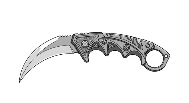 Intricate karambit knife with a curved steel blade and a highly textured ergonomic handle is displayed as a specialized tactical tool.