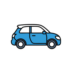 Fototapeta premium A simple blue compact car icon on a white background.
