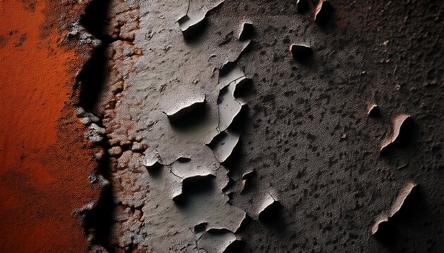古い漆喰と新しいセメントの境界、錆の粒子がアクセントの建築背景素材