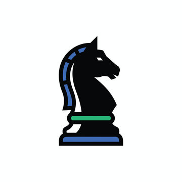 Stylized black chess knight piece icon with blue and green accents.