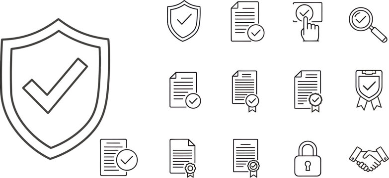 Security and trust icons set with magnifying glass safety net agreement icon verification icon