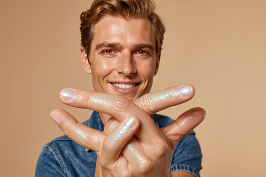 Iridescent cosmetic glitter clings to the skin of a smiling man's crossed fingers in an extreme close-up foreground focus against a warm beige backdrop. Light refracts through microscopic shimmering