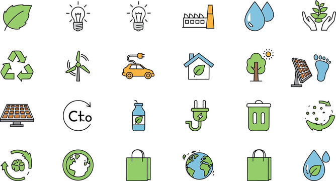 Collection of vector icons representing environmental conservation and sustainability concepts