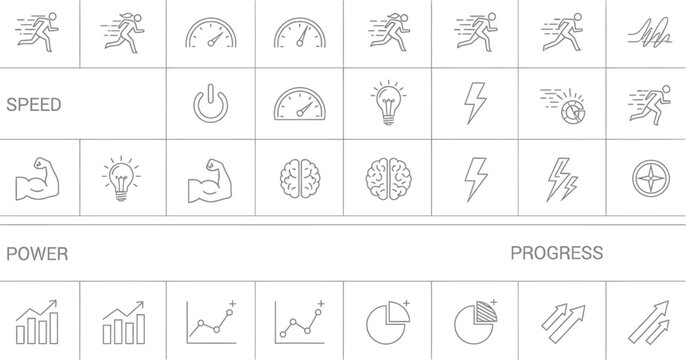 Collection of icons representing speed power energy progress concepts with light bulb, performance