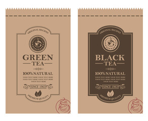 collection of green and black tea packages with leaves and cup © Alexkava