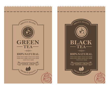 collection of green and black tea packages with leaves and cup
