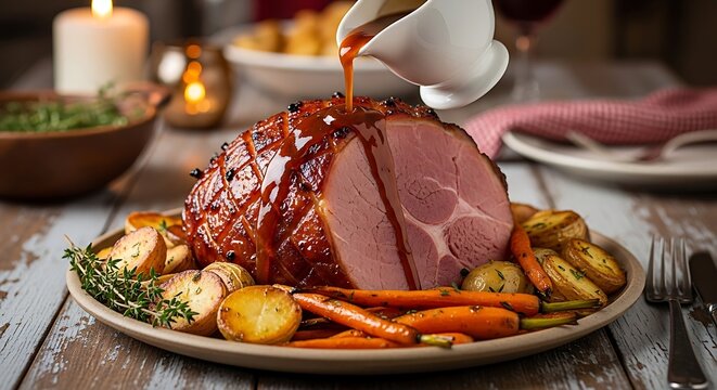 Roasted ham with vegetables on a silver platter