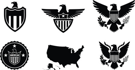 American patriotic symbols set with eagle shield map icons for fourth of july vector design. © MDRAYHAN