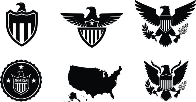 American patriotic symbols set with eagle shield map icons for fourth of july vector design.