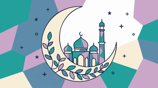 Crescent moon with mosque and minaret illustration, Islamic religious art